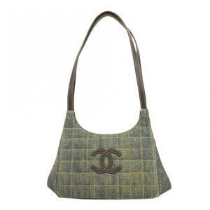Chanel Shoulder Bag Choco Bar Denim Brown Blue Silver